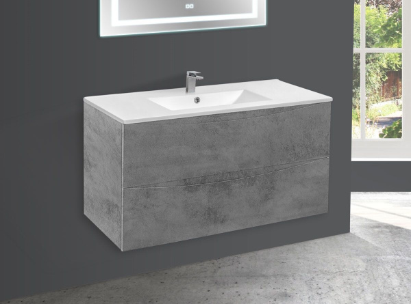 Тумба Vincea Mia 1000 подвесная, 2 выкатных ящика soft close, Beton с умывальником VBS-13100 керамическая, цвет белый