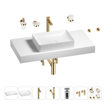 Раковина 50 см со столешницей 100 см Wellsee Pure BY Wellsee 201011273 в наборе 10 в 1: столешница, раковина, высокий смеситель, сифон, выпуск, кран-вентили, аксессуары (цвет золото)