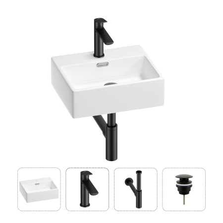Раковина для ванной Wellsee Graceful Pro 201002882 в наборе 4 в 1: раковина белого глянцевого цвета, смеситель, сифон, донный клапан (цвет набора матовый черный)