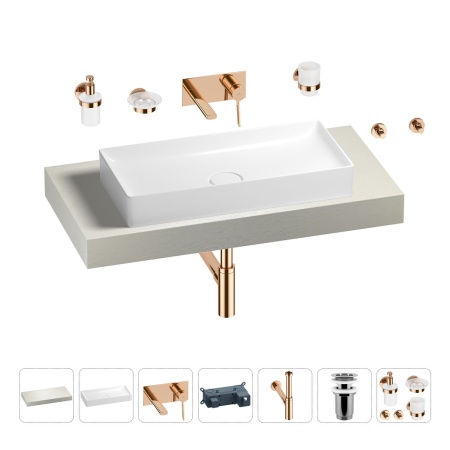 Раковина 75 см со столешницей 100 см Wellsee Pure BY Wellsee 201011569 в наборе 9 в 1: столешница, раковина, встраиваемый смеситель, сифон, выпуск, аксессуары (цвет набора розовое золото)