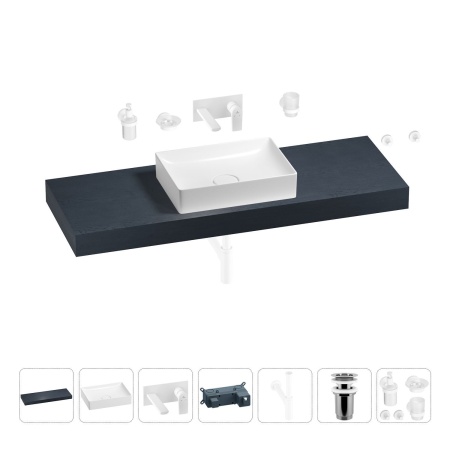 Раковина 50 см со столешницей 140 см Wellsee Pure BY Wellsee 201011465 в наборе 9 в 1: столешница, раковина, встраиваемый смеситель, сифон, выпуск, аксессуары (цвет набора матовый белый)