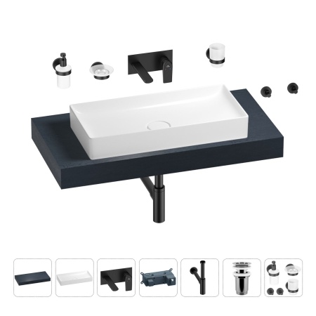 Раковина 75 см со столешницей 100 см Wellsee Pure BY Wellsee 201011582 в наборе 9 в 1: столешница, раковина, встраиваемый смеситель, сифон, выпуск, аксессуары (цвет набора матовый черный)