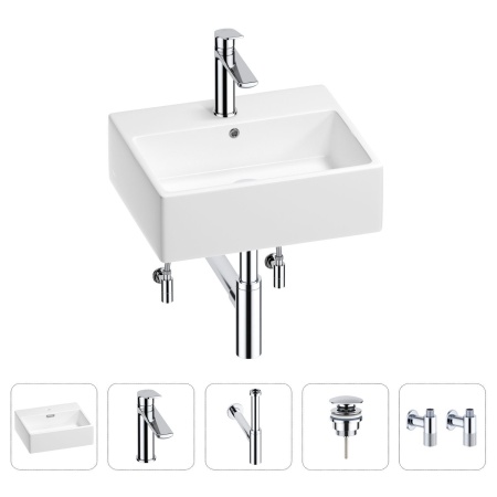 Раковина для ванной Wellsee Graceful Pro 201004606 в наборе 5 в 1: раковина белого глянцевого цвета, смеситель, сифон, донный клапан, угловые вентили (цвет набора хром)