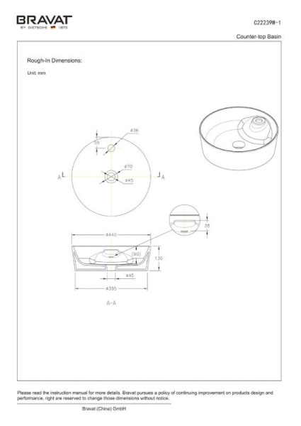 Накладная раковина Bravat Affability C22239W-1-ENG