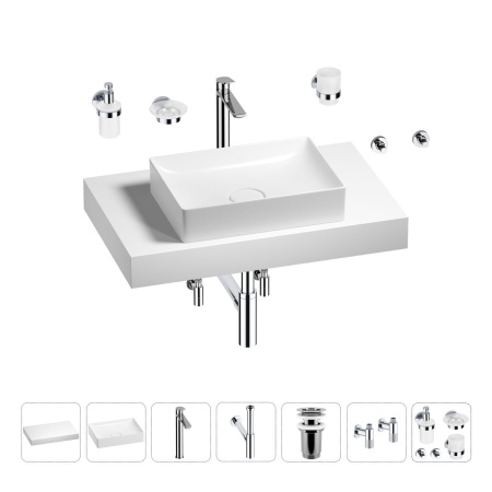 Раковина 50 см со столешницей 80 см Wellsee Pure BY Wellsee 201011151 в наборе 10 в 1: столешница, раковина, высокий смеситель, сифон, выпуск, кран-вентили, аксессуары (цвет хром)