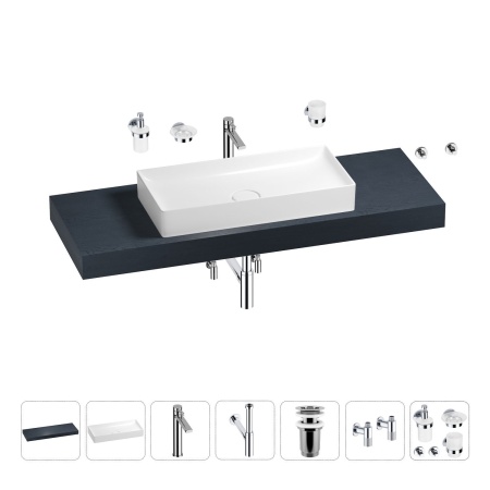 Раковина 75 см со столешницей 140 см Wellsee Pure BY Wellsee 201011816 в наборе 10 в 1: столешница, раковина, высокий смеситель, сифон, выпуск, кран-вентили, аксессуары (цвет хром)