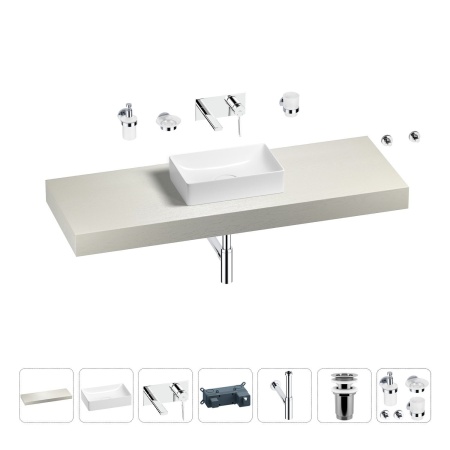Раковина 42 см со столешницей 140 см Wellsee Pure BY Wellsee 201010991 в наборе 9 в 1: столешница, раковина, встраиваемый смеситель, сифон, выпуск, аксессуары (цвет набора хром)