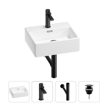 Раковина для ванной Wellsee Graceful Pro 201002877 в наборе 4 в 1: раковина белого глянцевого цвета, смеситель, сифон, донный клапан (цвет набора матовый черный)