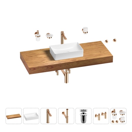 Раковина 42 см со столешницей 120 см Wellsee Pure BY Wellsee 201010924 в наборе 10 в 1: столешница, раковина, высокий смеситель, сифон, выпуск, кран-вентили, аксессуары (цвет розовое золото)