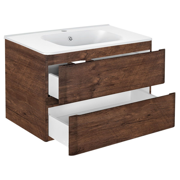 Тумба Vincea Vico 800 подвесная, 2 выкатных ящика soft close, R.Wood с умывальником VCB-2VP800W из искусственного камня, цвет белый