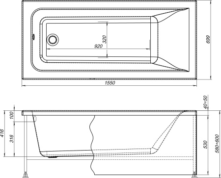 Акриловая ванна STWORKI Стокгольм 155x70 см, встраиваемая, белая, с каркасом