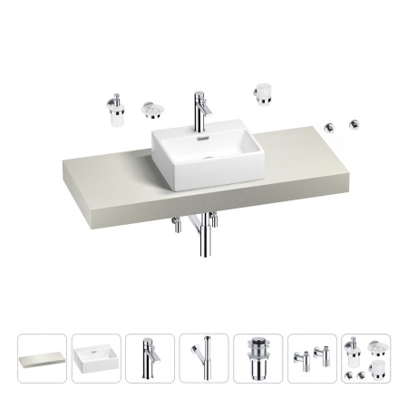 Раковина 43 см со столешницей 120 см Wellsee Graceful Pro 201012276 в наборе 10 в 1: столешница, раковина, смеситель, сифон, донный клапан, угловые вентили, аксессуары (цвет хром)