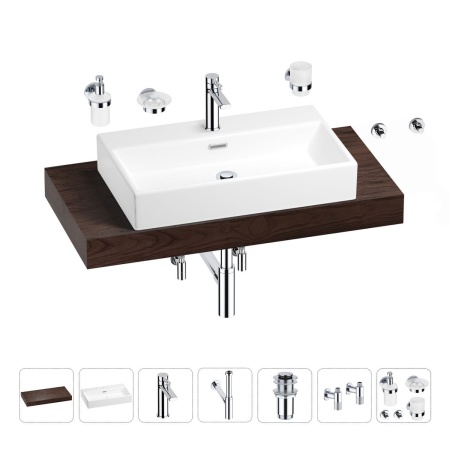 Раковина 70 см со столешницей 100 см Wellsee Graceful Pro 201012666 в наборе 10 в 1: столешница, раковина, смеситель, сифон, донный клапан, угловые вентили, аксессуары (цвет хром)
