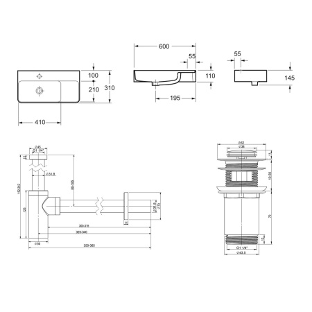 Комплект 3 в 1 Lavinia Boho Bathroom Sink 21520496: накладная фарфоровая раковина 60 см, металлический сифон, донный клапан