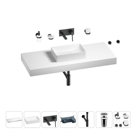 Раковина 42 см со столешницей 120 см Wellsee Pure BY Wellsee 201010962 в наборе 9 в 1: столешница, раковина, встраиваемый смеситель, сифон, выпуск, аксессуары (цвет набора матовый черный)