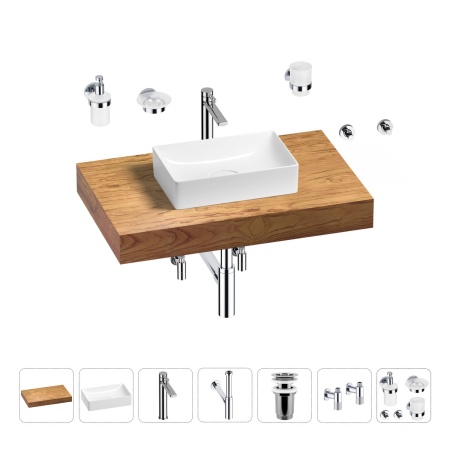 Раковина 42 см со столешницей 80 см Wellsee Pure BY Wellsee 201010741 в наборе 10 в 1: столешница, раковина, высокий смеситель, сифон, выпуск, кран-вентили, аксессуары (цвет хром)