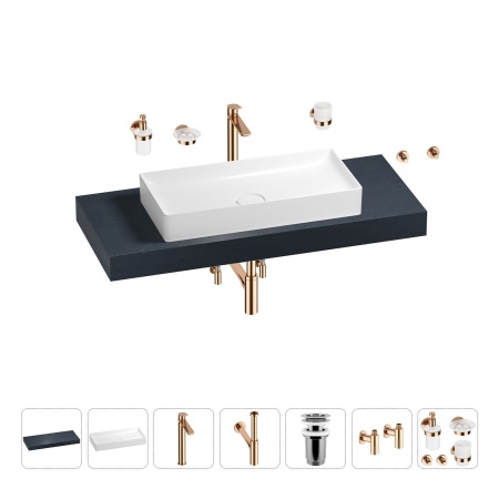 Раковина 75 см со столешницей 120 см Wellsee Pure BY Wellsee 201011694 в наборе 10 в 1: столешница, раковина, высокий смеситель, сифон, выпуск, кран-вентили, аксессуары (цвет розовое золото)