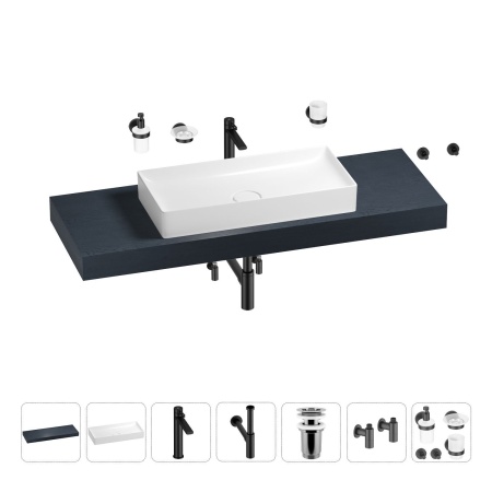 Раковина 75 см со столешницей 140 см Wellsee Pure BY Wellsee 201011817 в наборе 10 в 1: столешница, раковина, высокий смеситель, сифон, выпуск, кран-вентили, аксессуары (цвет матовый черный)