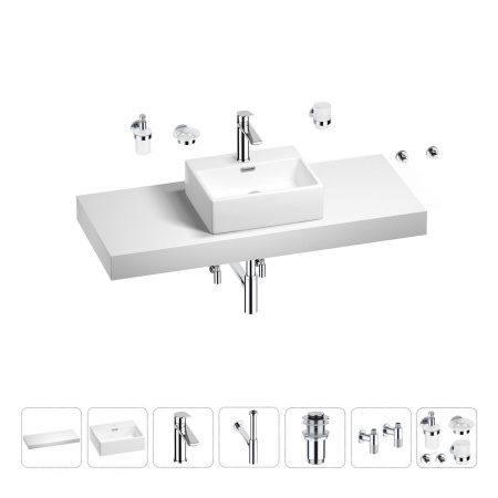 Раковина 43 см со столешницей 120 см Wellsee Graceful Pro 201012311 в наборе 10 в 1: столешница, раковина, смеситель, сифон, донный клапан, угловые вентили, аксессуары (цвет хром)