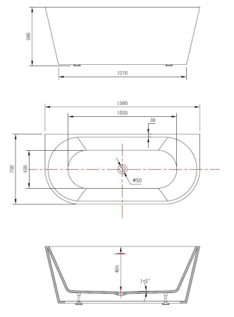 Ванна акриловая Vincea VBT-421-1500, 1500*750*580, цвет белый, щелевой перелив
