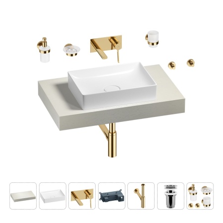 Раковина 50 см со столешницей 80 см Wellsee Pure BY Wellsee 201011088 в наборе 9 в 1: столешница, раковина, встраиваемый смеситель, сифон, выпуск, аксессуары (цвет набора золото)