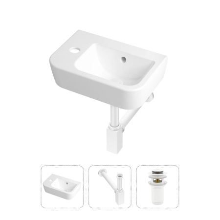 Комплект 3 в 1 Lavinia Boho One 21520724: подвесная фарфоровая раковина для туалета 37 см (отверстие под смеситель слева), металлический сифон, донный клапан
