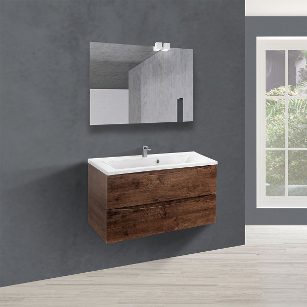 Тумба Vincea Mia 900 подвесная, 2 выкатных ящика soft close, R.Wood с умывальником VCB-3M900W из искусственного камня, цвет белый