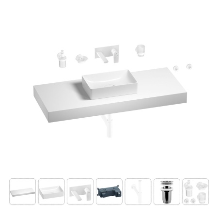 Раковина 42 см со столешницей 120 см Wellsee Pure BY Wellsee 201010960 в наборе 9 в 1: столешница, раковина, встраиваемый смеситель, сифон, выпуск, аксессуары (цвет набора матовый белый)