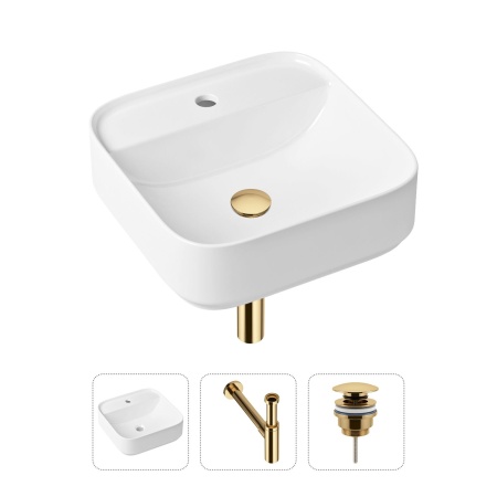Комплект 3 в 1 Lavinia Boho Bathroom Sink 21520310: накладная фарфоровая раковина 42 см, металлический сифон, донный клапан
