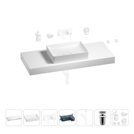 Раковина 50 см со столешницей 120 см Wellsee Pure BY Wellsee 201011410 в наборе 9 в 1: столешница, раковина, встраиваемый смеситель, сифон, выпуск, аксессуары (цвет набора матовый белый)