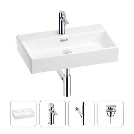 Раковина для ванной Wellsee Graceful Pro 201002986 в наборе 4 в 1: раковина белого глянцевого цвета, смеситель, сифон, донный клапан (цвет набора хром)