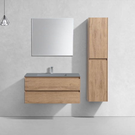 Тумба Vincea Luka 1000 подвесная, 2 выкатных ящика soft-close, N.Oak с умывальником VCB-13100G из кварца, цвет серый