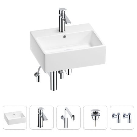 Раковина для ванной Wellsee Graceful Pro 201004616 в наборе 5 в 1: раковина белого глянцевого цвета, смеситель, сифон, донный клапан, угловые вентили (цвет набора хром)