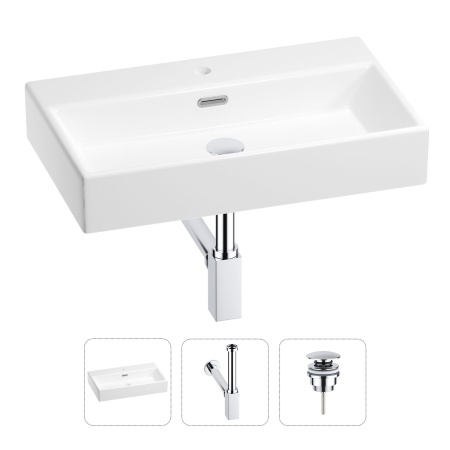 Раковина для ванной Wellsee Graceful Pro 201001356 в наборе 3 в 1: прямоугольная раковина белого глянцевого цвета, сифон, донный клапан в цвете хром