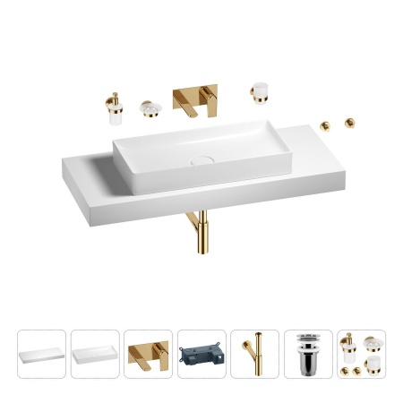 Раковина 75 см со столешницей 120 см Wellsee Pure BY Wellsee 201011763 в наборе 9 в 1: столешница, раковина, встраиваемый смеситель, сифон, выпуск, аксессуары (цвет набора золото)