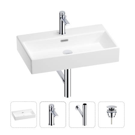 Раковина для ванной Wellsee Graceful Pro 201002976 в наборе 4 в 1: раковина белого глянцевого цвета, смеситель, сифон, донный клапан (цвет набора хром)