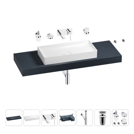 Раковина 75 см со столешницей 140 см Wellsee Pure BY Wellsee 201011826 в наборе 9 в 1: столешница, раковина, встраиваемый смеситель, сифон, выпуск, аксессуары (цвет набора хром)