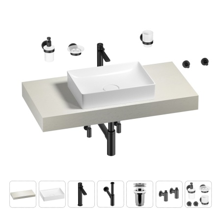 Раковина 50 см со столешницей 100 см Wellsee Pure BY Wellsee 201011197 в наборе 10 в 1: столешница, раковина, высокий смеситель, сифон, выпуск, кран-вентили, аксессуары (цвет матовый черный)