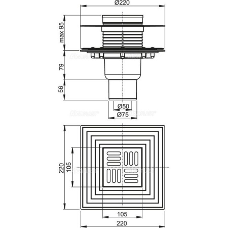 Сливной трап Alcaplast 105х105/50/75 подводка прямая решетка нержавеющая сталь APV4344