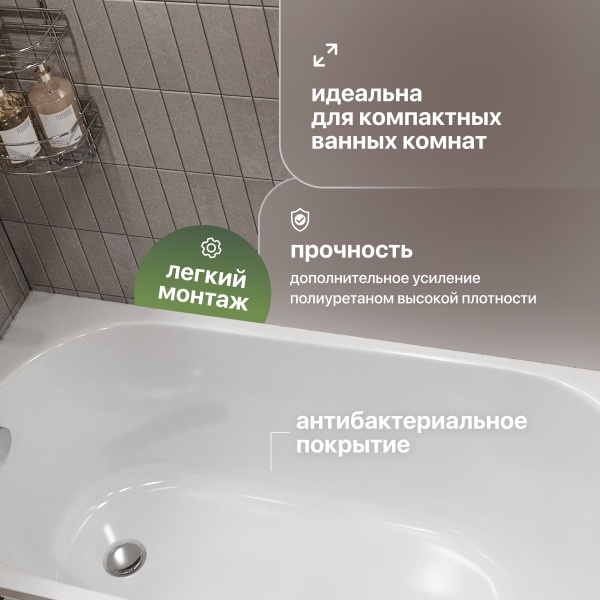 Акриловая ванна STWORKI Нюборг 150x75 см, пристенная, белая, с каркасом
