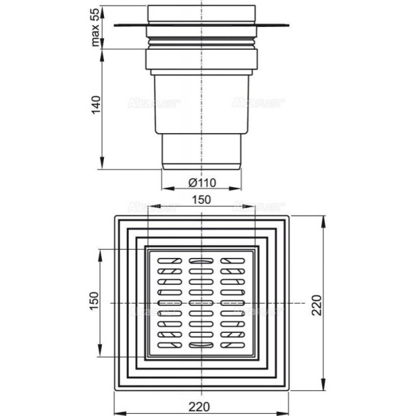 Сливной трап Alcaplast 150х150/110 решетка нержавеющая сталь воротник 2-х уровневая APV13