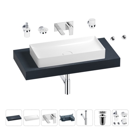 Раковина 75 см со столешницей 100 см Wellsee Pure BY Wellsee 201011581 в наборе 9 в 1: столешница, раковина, встраиваемый смеситель, сифон, выпуск, аксессуары (цвет набора хром)