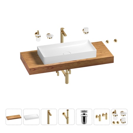 Раковина 75 см со столешницей 120 см Wellsee Pure BY Wellsee 201011713 в наборе 10 в 1: столешница, раковина, высокий смеситель, сифон, выпуск, кран-вентили, аксессуары (цвет золото)