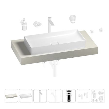 Раковина 75 см со столешницей 100 см Wellsee Pure BY Wellsee 201011555 в наборе 10 в 1: столешница, раковина, высокий смеситель, сифон, выпуск, кран-вентили, аксессуары (цвет матовый белый)