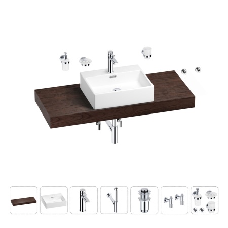 Раковина 50 см со столешницей 120 см Wellsee Graceful Pro 201012546 в наборе 10 в 1: столешница, раковина, смеситель, сифон, донный клапан, угловые вентили, аксессуары (цвет хром)