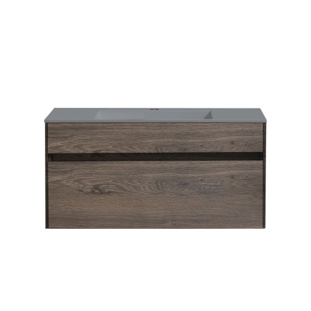 Тумба Vincea Chiara 1000 подвесная, 1 выкатной ящик soft-close, R.Oak с умывальником VCB-13100G из кварца, цвет серый