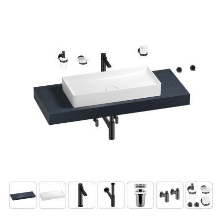 Раковина 75 см со столешницей 120 см Wellsee Pure BY Wellsee 201011697 в наборе 10 в 1: столешница, раковина, высокий смеситель, сифон, выпуск, кран-вентили, аксессуары (цвет матовый черный)