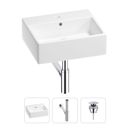 Раковина для ванной Wellsee Graceful Pro 201001341 в наборе 3 в 1: прямоугольная раковина белого глянцевого цвета, сифон, донный клапан в цвете хром