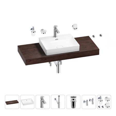 Раковина 55 см со столешницей 120 см Wellsee DeSire 201013561 в наборе 10 в 1: столешница, раковина, смеситель, сифон, выпуск, угловые вентили, аксессуары (цвет хром)
