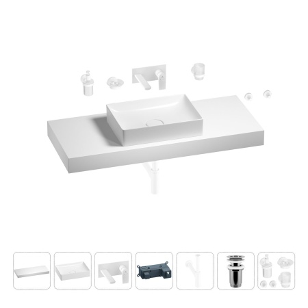 Раковина 50 см со столешницей 120 см Wellsee Pure BY Wellsee 201011405 в наборе 9 в 1: столешница, раковина, встраиваемый смеситель, сифон, выпуск, аксессуары (цвет набора матовый белый)